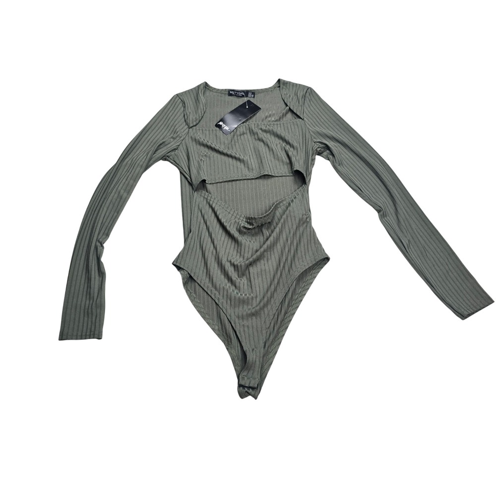 Nasty Gal Bodysuit Women‎ 4 Olive Green New Ribbed Cut Out Long Sleeve Bodycon